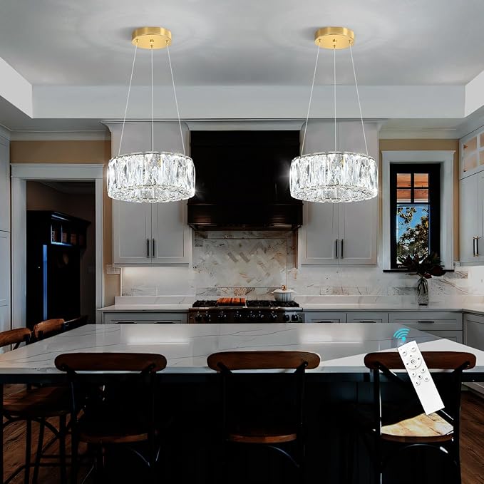 HAIXIANG Modern Crystal Chandelier Dimmable LED 8 Inch Ring Pendant Lights Adjustable Glam Chandeliers Lighting Fixtures for Dining Room Living Room Bedroom Gold Light