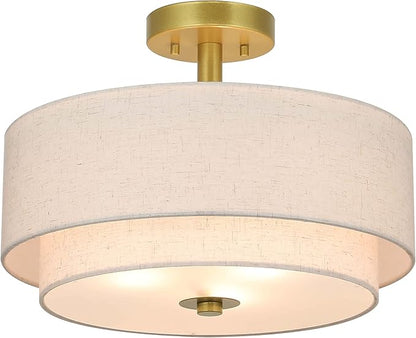 XiNBEi Lighting 3 Light Semi Flush Mount Light, Close to Ceiling Light Fixture with Fabric Shade Retro Gold Brass 16 inch Semi Flush Drum Light for Bedroom & Living Room XB-SF1289-GB