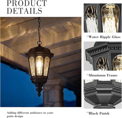 Emliviar Porch Light Fixture Hanging, Black Adjustable 16.3" Outdoor Chandelier Hanging Porch Light, Water Ripple Glass Shade, XE304H-M BK-SW