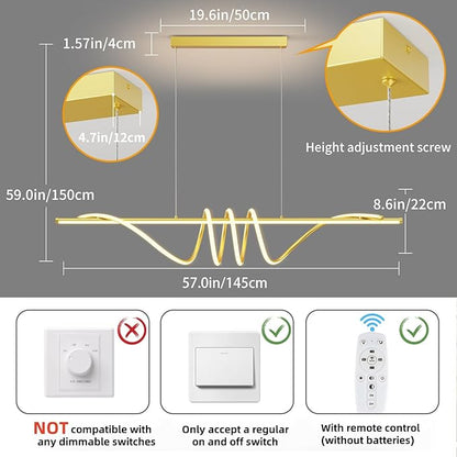 Modern LED Pendant Lights, Ceiling Chandelier Dimmable with Remote Control 3000k-6000K Adjustable Color Temperature, Aluminum Island Lighting Lamp Fixture for Kitchen, Dining Room(57in Gold)