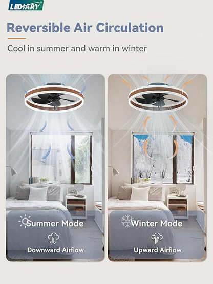 LEDIARY Low Profile Ceiling Fans with Lights, Flush Mount Modern Ceiling Fan and Remote Control, 19.7" LED Ceiling Fans, Stepless Dimmable 3 Colors and 6 Speeds - Walnut