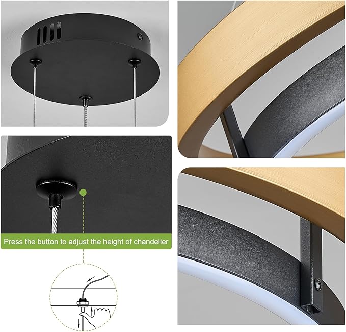 Benkut Modern LED Chandelier Black Gold Dimmable Circular LED Pendant Light with Remote Ring Chandelier Dining Room Light Fixtures for Kitchen Island Living Room Entryway, D23.6in