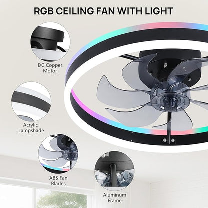 16 Inch RGB Low Profile Ceiling Fans with Lights, Modern Flush Mount Fandelier Chandelier Fixture, Remote & APP Control, Black LED Ceiling Fan Light for Bedroom, Living Room, Kitchen Indoor