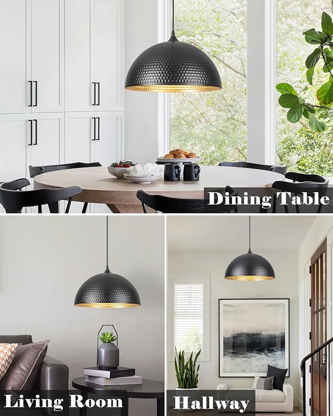 16 inch Black and Gold Pendant Light 3 Packs, Hammered Industrial Large Pendant Lights Kitchen Island, Oversive Black Dome Pendant Light for Kitchen Island, Dining Room, Bar