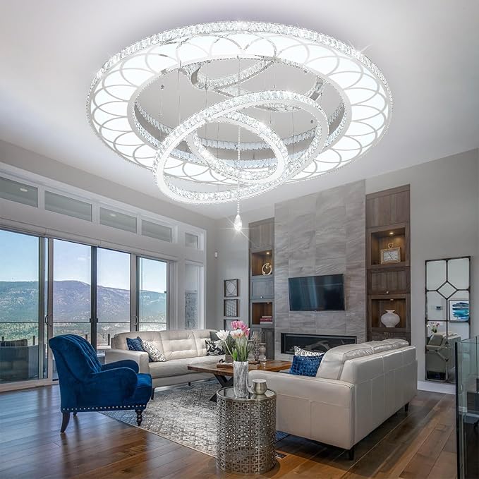 Flashing God Dia 48" Large Crystal Chandelier Modern Silver Chandeliers LED Dimmable Flush Mount Chandelier Crystal Ceiling Light for Living Room Bedroom Foyer