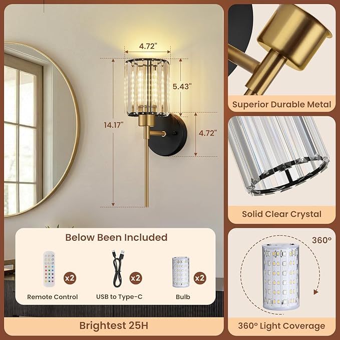 Crystal Battery Operated Wall Sconces, BlackGold Rechargeable Wireless Wall Sconce Lights with Dimmable Bulbs and Remote, 12 Colors and 3CCT Dimmable Crystal Wall Lamps for Living Bedroom