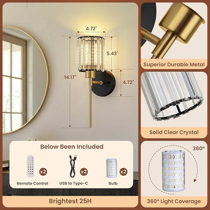 Crystal Battery Operated Wall Sconces, BlackGold Rechargeable Wireless Wall Sconce Lights with Dimmable Bulbs and Remote, 12 Colors and 3CCT Dimmable Crystal Wall Lamps for Living Bedroom
