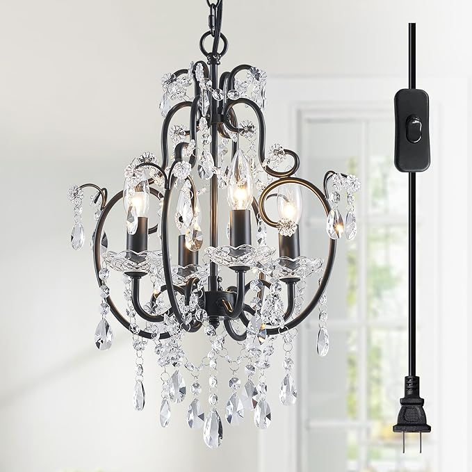Saint Mossi 4-Lights Crystal Chandelier with Plug, Black Chandelier Light Fixture, Farmhouse Pendant Light Fixtures,K9 Crystal with Black Frame, H17 x D12,Chain Adjustable