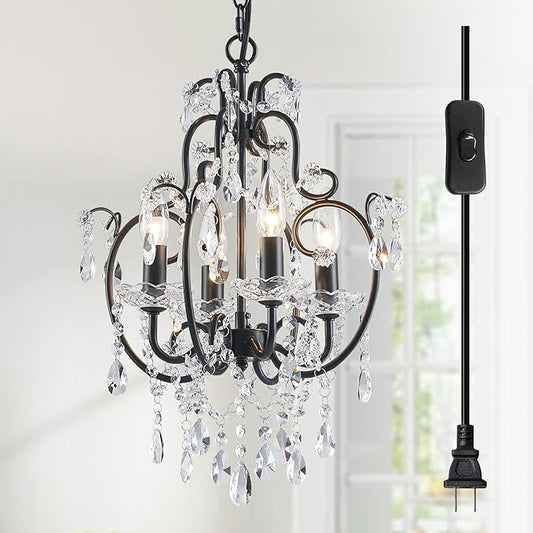 Saint Mossi 4-Lights Crystal Chandelier with Plug, Black Chandelier Light Fixture, Farmhouse Pendant Light Fixtures,K9 Crystal with Black Frame, H17 x D12,Chain Adjustable