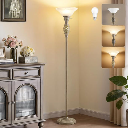 70" Torchiere Floor Lamps with NightLight - Victorian Style Vintage Floor Lamp for Living Room, Bedroom, Office - Retro Floor Lamps with Rotary Switch & Etched Glass Shade, Home Decor, Bulb Included