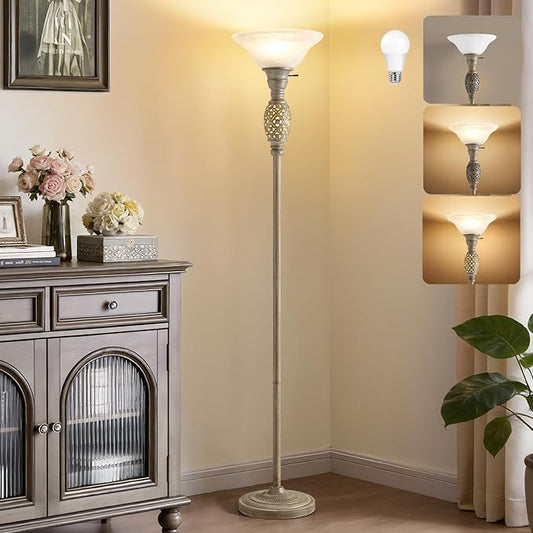 70" Torchiere Floor Lamps with NightLight - Victorian Style Vintage Floor Lamp for Living Room, Bedroom, Office - Retro Floor Lamps with Rotary Switch & Etched Glass Shade, Home Decor, Bulb Included