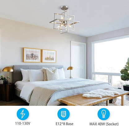 XINGQI 15“ Modern Chandelier 8-Light Brushed Nickel Geometric Pendant Lighting Farmhouse Ceiling Light Fixtures for Dining Room Living Room Kitchen Island Bedroom Hallway