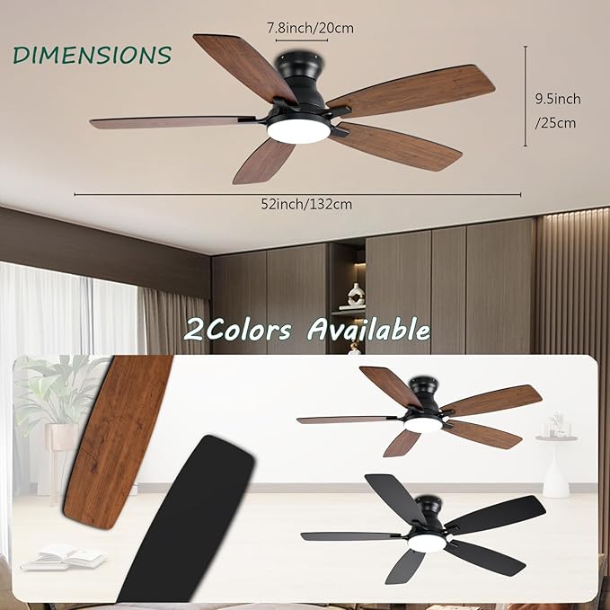NKPU Ceiling Fans with Lights, Low Profile Ceiling Fan with Light and Remote/APP Control, DC Motor, Noiseless, Flush Mount, 52inch Brown Ceiling Fan for Bedroom Indoor/Outdoor Use