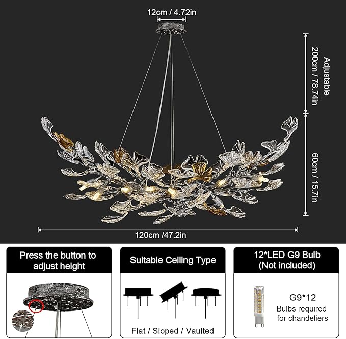 Modern Chandeliers for Dining Room，AioTio L47.2''Long Unique Glass Ginkgo Leaf Dining Chandeliers Over Table,Large Rectangle Tree Branch Ceiling Hanging Black Chandelier for Living Room,Kitchen Island