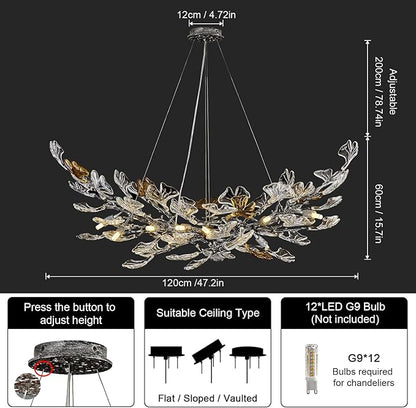 Modern Chandeliers for Dining Room，AioTio L47.2''Long Unique Glass Ginkgo Leaf Dining Chandeliers Over Table,Large Rectangle Tree Branch Ceiling Hanging Black Chandelier for Living Room,Kitchen Island