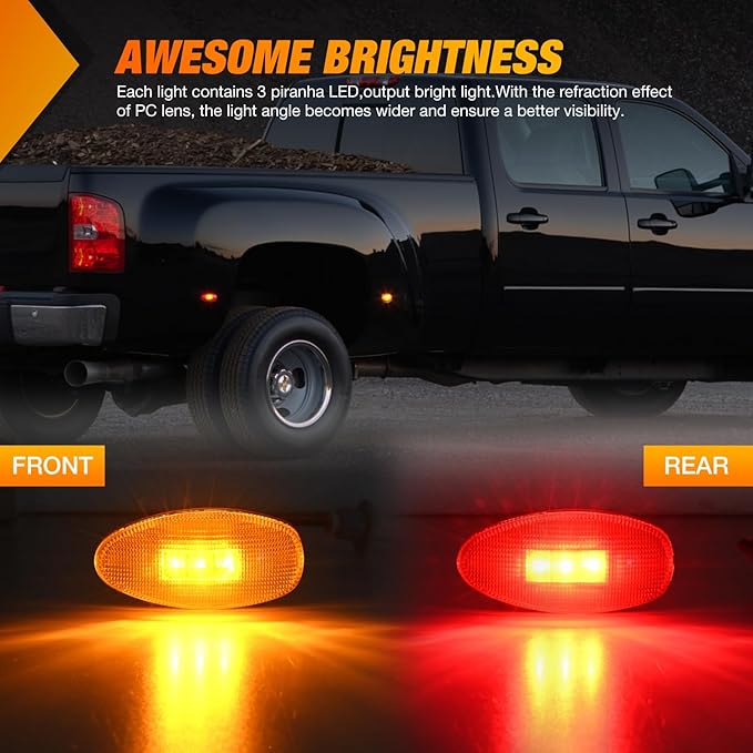 Nilight Fender Side Marker Lights 4 PCS 3 LED Red Amber Front Rear Clearance Light Compatible with 2001-2014 Chevy Silverado GMC Sierra 1500 2500HD 3500HD Dual Wheeler Trucks