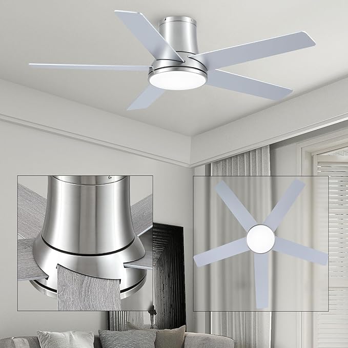 52 Inch Ceiling Fans with Lights and Remote, Flush Mount Nickel Ceiling Fan for Bedroom Living Room Indoor/Outdoor, Quiet 6 Speed Reversible DC Motor, 3CCT, Dual Color 5 Blades, ETL Listed
