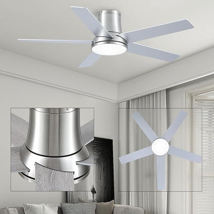 52 Inch Ceiling Fans with Lights and Remote, Flush Mount Nickel Ceiling Fan for Bedroom Living Room Indoor/Outdoor, Quiet 6 Speed Reversible DC Motor, 3CCT, Dual Color 5 Blades, ETL Listed