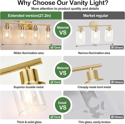 MOKATNG 4-Light Bathroom Light Fixtures, Vanity Light with Clear Glass Shades, Brushed Gold Bathroom Light Fixtures Over Mirror, Modern Bathroom Wall Lamp for Mirror Living Room Cabinet Bedroom
