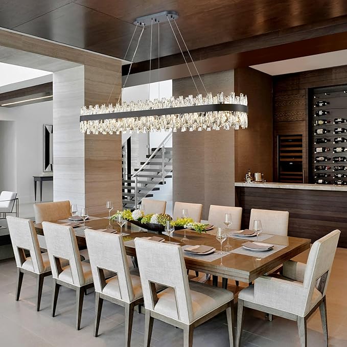 Modern Black Crystal Chandelier for Dining Room, Rectangle K9 Crystal Raindrop Chandelier Lights, Contemporary Ceiling Hanging Light Fixtures for Kitchen Island Dining Room, Length 57 inches