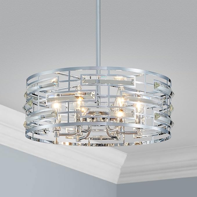 Saint Mossi Modern K9 Crystal Chandeliers, Drum Pedant Light Fixture for Living Space, D18 x H24, Adjustable Chains 59", Chrome Finish Metal Frame