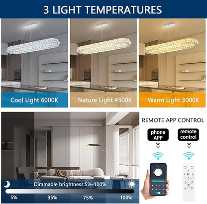 47'' Modern Oval Chandelier Crystal Chandeliers for Dining Room Round Ceiling Light Fixture for Living Room Lighting LED Dimmable with Remote Ring Lights Silver