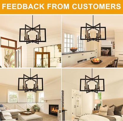 21.6" Black Chandelier for Dining Room, 6-Light Geometric Farmhouse Dining Room Fixture, Modern Foyer Lighting Fixtures, Industrial Hanging Pendant Lights for Kitchen Island, Living Room, Entryway