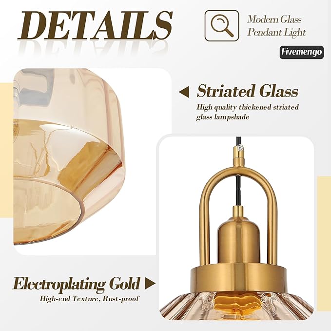 9in Mid Century Modern Amber Glass Pendant Light Fixture Small Gold Globe Kitchen Island Pendant Light with Hand Blown Glass Ceiling Hanging Lamp for Foyer Dining Room Bedroom Entryway