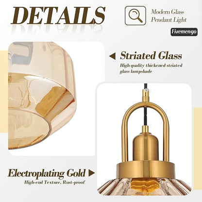 9in Mid Century Modern Amber Glass Pendant Light Fixture, Small Gold Kitchen Island Pendants Light Glass Ceiling Hanging Lamp for Foyer Dining Room Bedroom Entryway Hallway Over Sink