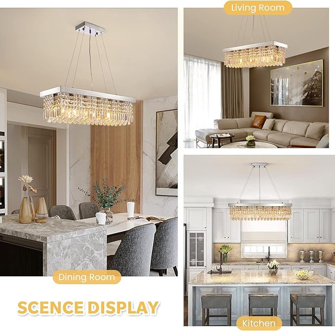 7PM Rectangle K9 Crystal Chandelier Modern Rectangular Pendant Light Fixture for Dining Room Kitchen Island Chrome L31.5 x W10 x H10