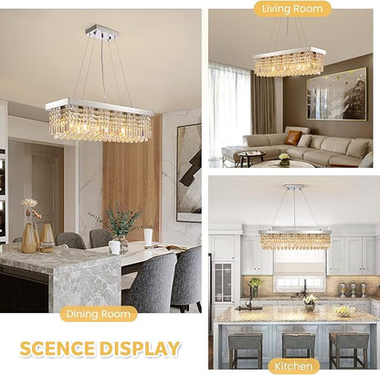 7PM Rectangle K9 Crystal Chandelier Modern Rectangular Pendant Light Fixture for Dining Room Kitchen Island Chrome L31.5 x W10 x H10