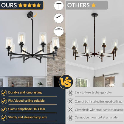 LIGHTDAMY Black Chandeliers for Dining Room Light Fixture, Modern Farmhouse Chandelier, 8 Lights with Clear Glass Shade Industrial Hanging Lighting for Living Room Kitchen Island Bedroom