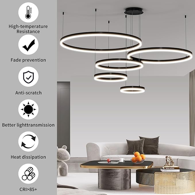 Mikeru Modern 5 Ring Chandelier Light, LED Pendant Light Fixtures with Remote Control 3000k-6500K Adjustable Color Temperature Light for Living Room, Kitchen (11.8+15.7+23.6+31.5+39.5in)