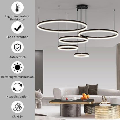 Mikeru Modern 5 Ring Chandelier Light, LED Pendant Light Fixtures with Remote Control 3000k-6500K Adjustable Color Temperature Light for Living Room, Kitchen (11.8+15.7+23.6+31.5+39.5in)