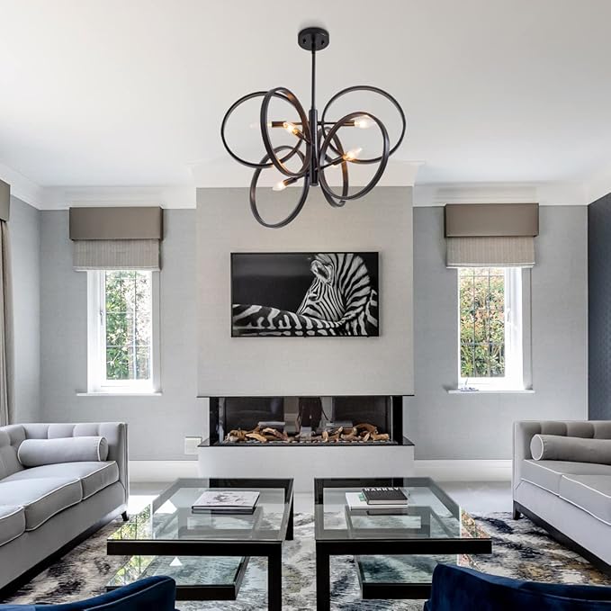 VILUXY Contemporary Black Chandelier Sputnik Ceiling Light Fixture 6-Light Mid-Century Geometric Circle Pendant Light for Dining Room Staircase Foyer 24.5"