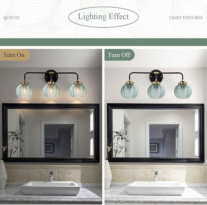 3-Light Bathroom Vanity Light Black Wall Mount Light with Green Glass Shade, Mid Century Wall Sconce Lights Modern Vanity Lamp for Over Mirror Bedroom Hallway