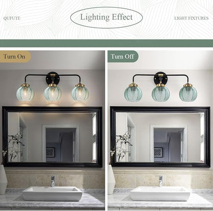 3-Light Bathroom Vanity Light Black Wall Mount Light with Green Glass Shade, Mid Century Wall Sconce Lights Modern Vanity Lamp for Over Mirror Bedroom Hallway