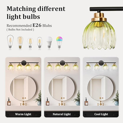 TALOYA Bathroom Vanity Light Fixtures, 4-Light Modern Black and Gold Wall Lights for Mirror, Green Tulip Glass Shades Over Sink Lighting for Bedroom, Living Room, and Hallway,Farmhouse