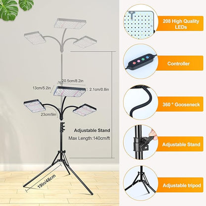 FECiDA 2026 3Head Grow Light with Stand, 75 Watt Power Draw, Bright and Big Coverage Grow Lights for Large Houseplants, Bonsai Tree, 4/8/12/16/20 Hr Timer, 24"-72" Height Adjustable, 360° Gooseneck