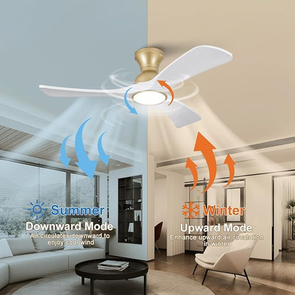 White Gold Ceiling Fans with Lights Flush Mount,42 inch Solid Wood,Remote Control,Wall Switch,Dimmable,Reversible,Power Off Memory Modern Ceiling Fan Indoor/Outdoor for Bedroom Patios