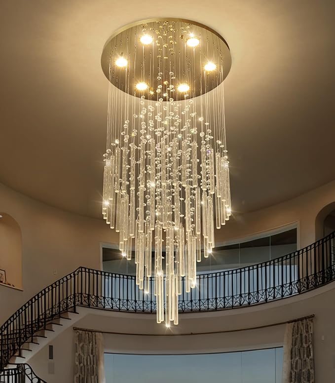 HAIXIANG W20 x H40 Crystal Glam Chandelier Long Light Chandeliers with Dimmable Light Bulbs High Ceiling Light Fixtures for Foyer Entryway Living Room Stair Gold