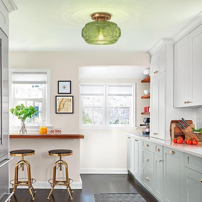 Semi Flush Mount Ceiling Light, Green Globe Glass Ceiling Light Fixture, Art Deco Kitchen Lighting fixtures Ceiling for Hallway Porch Corridor Bedroom, Bulb Not Included