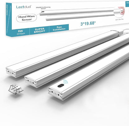 Leetdud Hand Wave Under Cabinet LED Lighting Plug in, 20 Inch 3 Pcs Dimmable Linkable Ultra Thin Aluminum Alloy Housing, 4000K Natural White Motion Sensor Counter Lights for Kitchen, Shelf, Cupboard