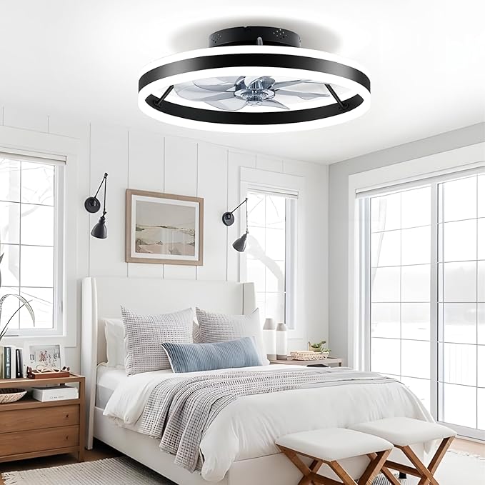 Ceiling Fans with Lights and Remote, 20" Low Profile Flush Mount Ceiling Fan, Pre-Assembled Design, Quiet DC Motor, 6 Wind Speeds, Dimmable 2700-6500K LED Light, Modern Ceiling Fan for Bedroom (Black)