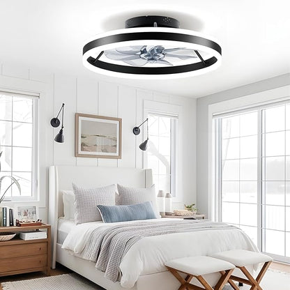 Ceiling Fans with Lights and Remote, 20" Low Profile Flush Mount Ceiling Fan, Pre-Assembled Design, Quiet DC Motor, 6 Wind Speeds, Dimmable 2700-6500K LED Light, Modern Ceiling Fan for Bedroom (Black)