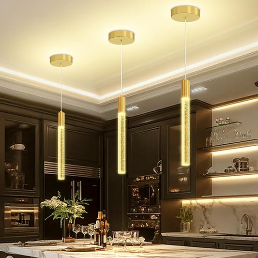 Modern Gold Crystal Column Pendant Light, Dimmable LED Chandelier, Adjustable Hanging Pendant Lighting for Kitchen Island
