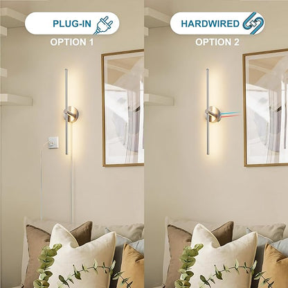 ZAGO 24 Inch Plug in or Hardwired Linear Wall Sconce Set of 2, Modern LED Wall Lights with On/Off Switch, Renter Friendly Plug and Play Option, 5CCT Switchable, Dimmable, Brushed Nickel