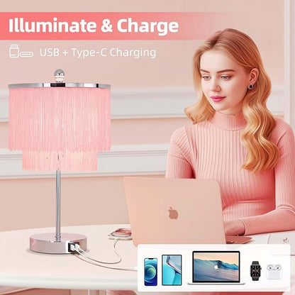 Pink Lamps Set of 2 for Girls Room, 3-Way Dimmable Touch Lamps with USB Port, Girls Lamps with Tassel Lampshade for Bedroom, Living Room, Dresser, Nightstand, LED Bulbs Included