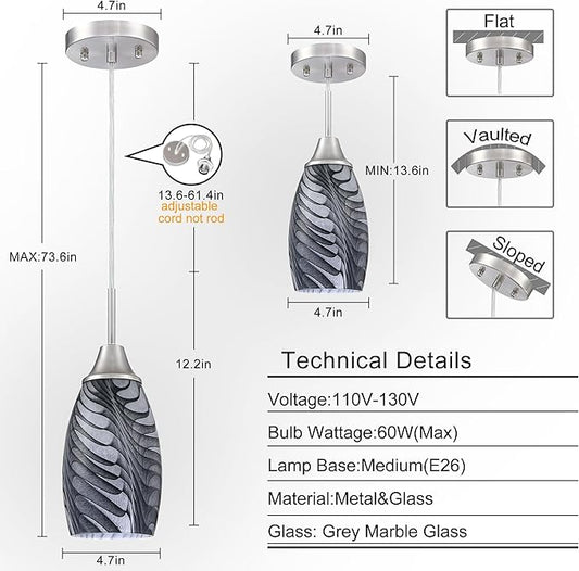 Viinew Mini Glass Pendant Light 4.72" with Handblown Black Gray Marble Art Glass Hanging Light 3-Pack Oval Ceiling Hanging Light Fixture for Dining Room Kitchen Island Cafe Foyer Hallway