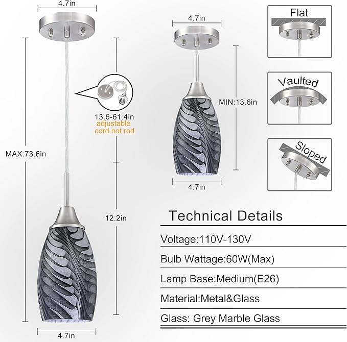 Viinew 1-Pack Mini Glass Pendant Light 4.72" with Handblown Black Gray Marble Art Glass Hanging Light Oval Ceiling Hanging Light Fixture for Dining Room Kitchen Island Cafe Foyer Hallway